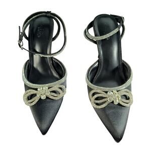 Charlotte Russe Rhinestone Bow Stiletto Heels Women's Size 9 Black Ankle Strap